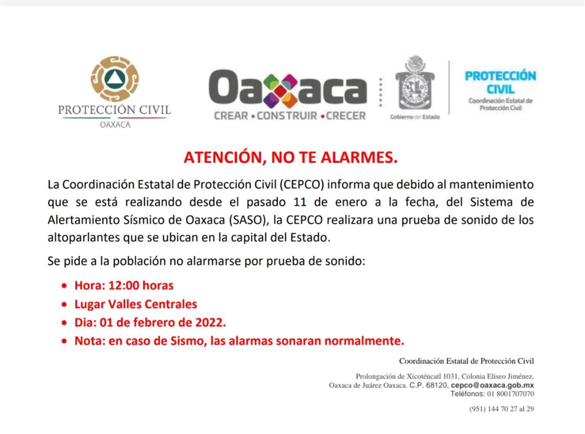 Realizará CEPCO pruebas de sonido de alarmas sísmicas este 1 de febrero a las 12 horas